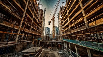  a symmetrical image of a construction site featuring a large crane lifting heavy materials, ai generated