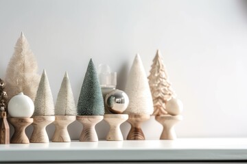 Christmas tree decorations on a wooden shelf with copy space on a white wall background. Generative AI