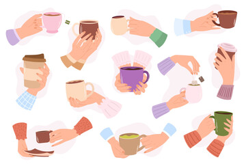 Set of Hands Holding Various Mugs In Different Sizes And Designs. Concept of Drinking Beverages in Comfort