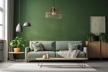 Living room mockup with a blank green wall. Generative AI