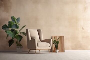 Mockup of a texture wall in a room with a beige recliner and a brown plant in a vase. Right hand blank space, illustrative. Generative AI
