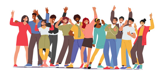 Joyous, Lively Gathering Of People, Characters Crowd with Faces Beaming With Happiness And Excitement, Celebratory