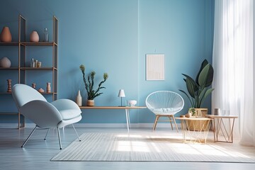 Modern blue living room with white chair and modern table. minimalist design idea style in pastel tones. Generative AI
