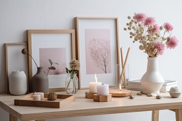On the table are candles, a mock up empty wooden picture frame, and a vase of pink dried flowers. Background of white tiles on a wall. Scandinavian style is simple and graceful. Generative AI