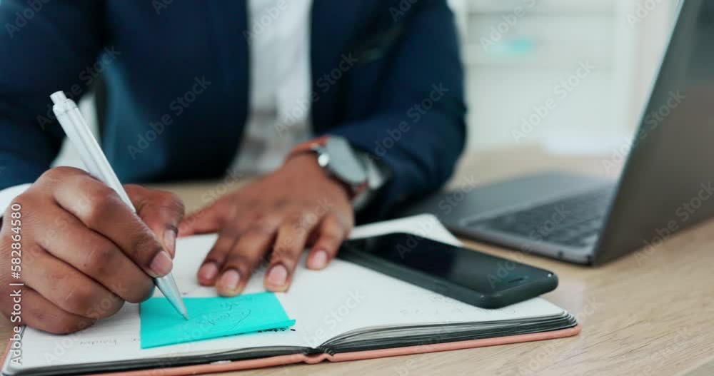 Aufkleber Writing, notebook and hands of business man at desk working on schedule, planning and strategy. Corporate, productivity and male worker write on sticky note for meeting, report and research on laptop