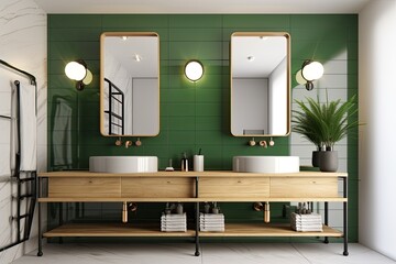 A double sink and two vertical mirrors are mounted on a wooden shelf. a luxurious bathroom interior in green. Generative AI