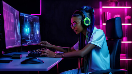 Professional Streamer African young woman cyber gamer studio room with personal computer armchair. Copy space. Generative AI. 3 - obrazy, fototapety, plakaty