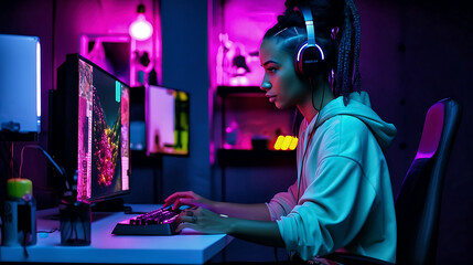 Professional Streamer African young woman cyber gamer studio room with personal computer armchair. Copy space. Generative AI. 2