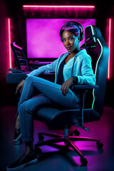 Professional Streamer African young woman cyber gamer studio room with personal computer armchair. Copy space. Generative AI. 4 - obrazy, fototapety, plakaty