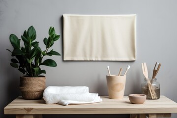 Fototapeta na wymiar On a wooden table with text space, mockup bath towels, a blank wooden poster, and a houseplant are displayed. Generative AI