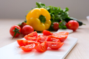 Various cut vegetables on wood. High quality photo
