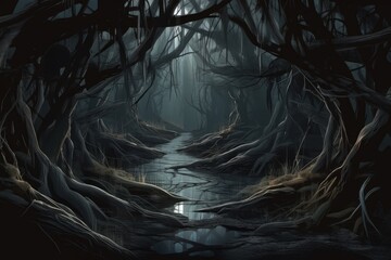 Shiny Pathway in Fairy Tale Styled Scary Forest of Nightmares, Generative AI