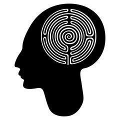Round spiral maze or labyrinth symbol inside human head. Enigma of mind and consciousness. Black and white silhouette. Creative concept.
