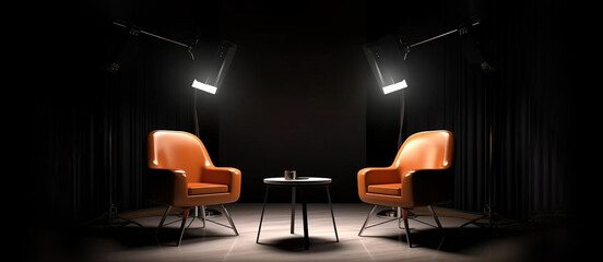 two chairs and spotlights in podcast or interview room on dark background as a wide banner for media conversations or podcast streamers concepts with copyspace - Generative AI
