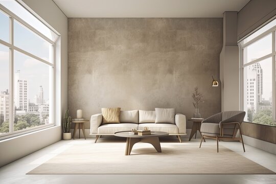 Interior of a beige living room showing a sofa and armchair from the side and a light concrete floor. a coffee table and a window with a view of the city of Singapore. copy space wall mockup