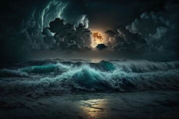 Fototapeta na wymiar Night marine fantasy landscape with beautiful waves and a full moon. AI generated