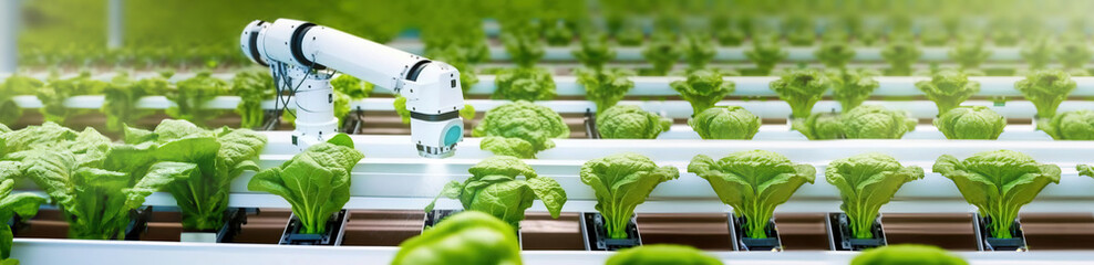 robotic efficient farming taking over in watering and agriculture industry as wide banner with copyspace area - Generative AI