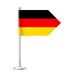 Realistic German table flag on a chrome steel pole. Souvenir from Germany. Desk flag made of paper or fabric and shiny metal stand. Mockup for promotion and advertising. Vector illustration