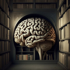 a big brain in a libary, looks inteligent, 3D Illustration