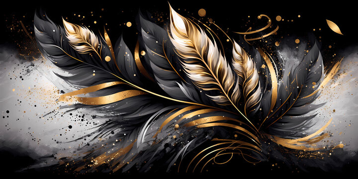 Luxury art wallpaper with black and golden feathers with dark background hand drawn watercolor style. modern art for, print, interior design, wallpaper, cover, packaging, invitations, canvas. © Mostafa mohamed