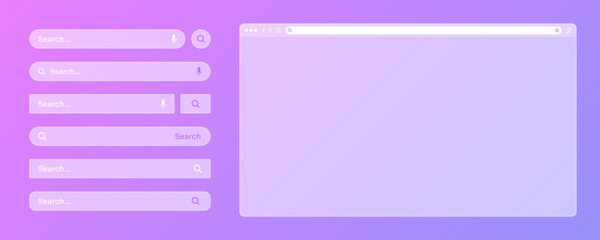 Blank transparent internet browser window with various search bar templates. Web site engine with search box, address bar and text field. UI design, website interface elements. Vector illustration
