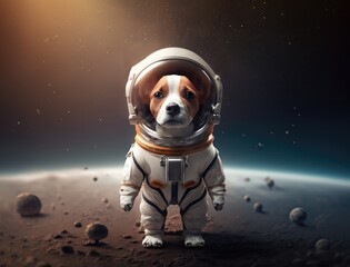 A dog in a space suit standing on the surface of a planet, an astronaut in space. Space art concept. Generative AI.