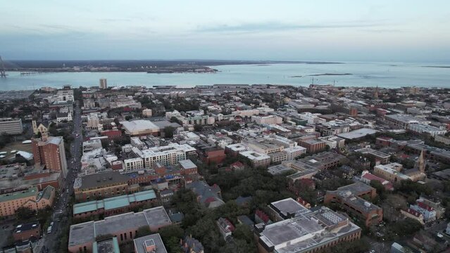 Drone aerial view of sunset over Charleston, South Carolina and James Island