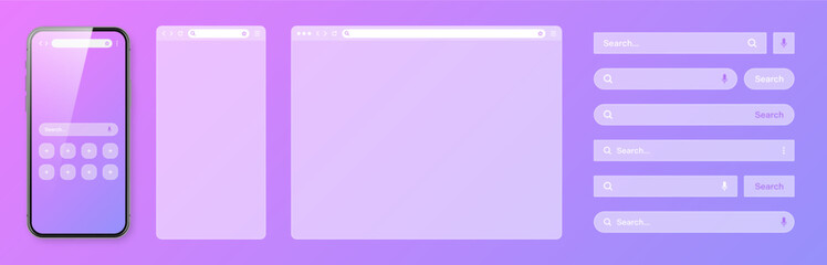Smartphone, transparent internet browser window with various search bar templates. Web site engine with search box, address bar and text field. Website UI interface elements. Vector illustration