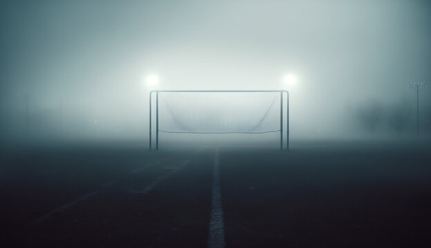 a soccerfield with fog and headlights, in the night with a mystic atmosphere