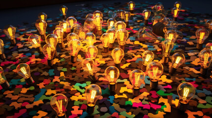 Fototapeta premium Solving the Puzzle, Made of Various Pieces and Light Bulbs, Question and Solution, Generative AI