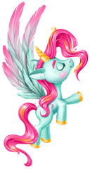 A fairy-tale unicorn with wings. A mint-colored unicorn with a pink mane and tail. Children's illustration for a nursery.