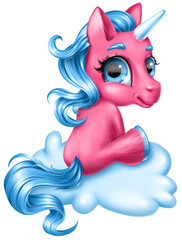 Cute pink unicorn with a blue mane is sitting on a cloud. Children's cartoon illustration