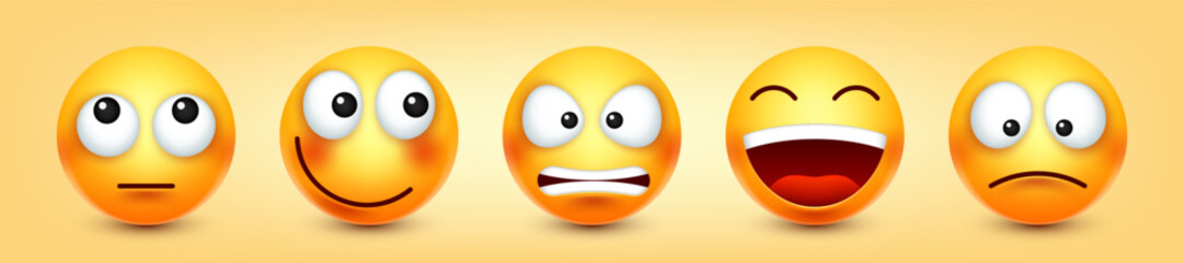Cartoon emoji, emoticons collection. Yellow face with emotions, mood. Facial expression, realistic emoji. Sad, happy, angry faces. Funny character with smiling face. Vector illustration - obrazy, fototapety, plakaty