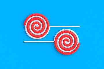 Lollipops on stick. Striped twisted candy. Sweet snack. Top view. 3d render