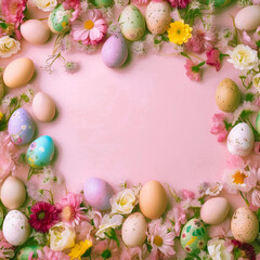 Obraz na płótnie Canvas easter eggs border pink background room for text