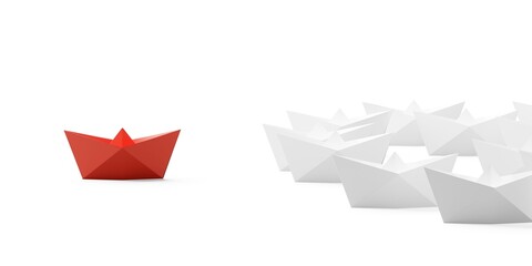 Red paper boat in front of group of white paper boats over white background, leader, team or business management or direction concept