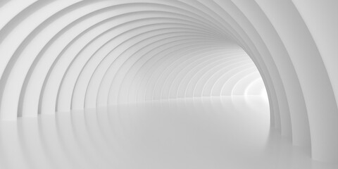 White empty abstract tunnel or corridor background, walls with vertical curve pattern, lit from back