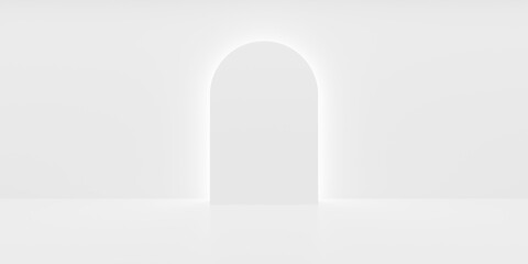 White empty, blank, clean room with round frame shaped backlit geometric shape on the back wall, product presentation template background