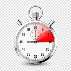Realistic classic stopwatch icon. Shiny metal chronometer, time counter with dial. Red countdown timer showing minutes and seconds. Time measurement for sport, start and finish. Vector illustration