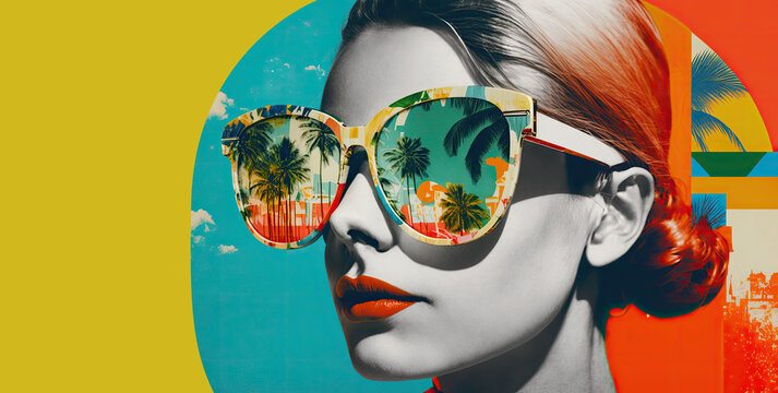 Fashion blonde woman wearing big trendy sunglasses. Summer travel collage. Generative AI