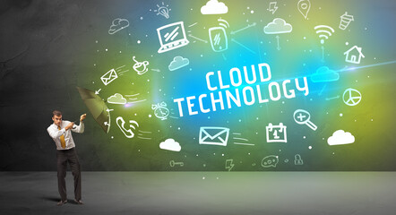 Businessman defending with umbrella, modern technology concept