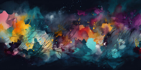 Plakat Watercolor texture on black paper, lush, beautiful, overflowing rainbow colours, generative AI.