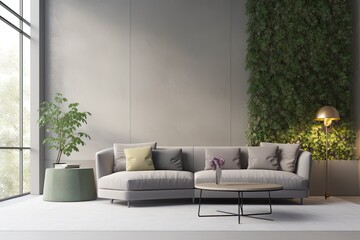Background of a contemporary interior, wall mockup, and living room mockup with a gray sofa and plant. Generative AI