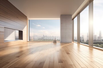Interior design of a contemporary empty room with stunning windows as a backdrop. Generative AI