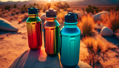 Crisp water in insulated hydration bottles with a comfortable design. Generative AI