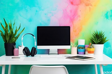 A chic workspace with a contemporary computer on a table and a colorful wall. Generative AI