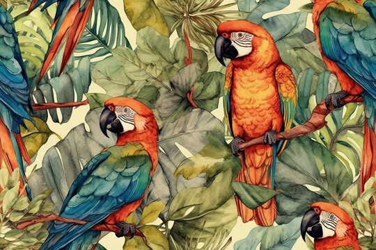 seamless background with pattern of birds parrots in jungle. Generative AI illustration