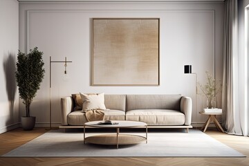 Canvas mockups in a white living room with a brown sofa and coffee table on a parquet floor and a grey carpet. Brown couch in the living room with no people. Generative AI