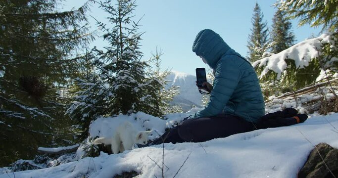 tourist girl takes a photo of a white swiss shepherd dog in the mountains on the background of snowy rocks in the forest. a woman photographs a wolf in the mountains. the dog is playing with a stick