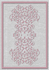 Carpet and rug pattern with rectangular borders, leaf motifs, worn surface machine weaving